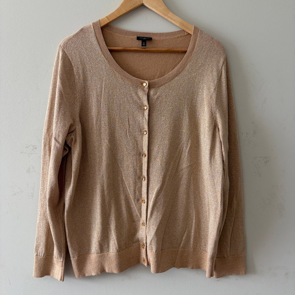 Talbots Metallic Knit Button Front Cardigan Shimmer Gold 2X Festive Layer